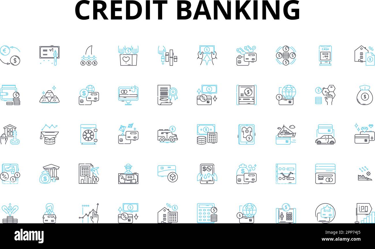 Credit banking linear icons set. Loan, Interest, Debt, Credit score, Collateral, Repayment, Overdraft vector symbols and line concept signs. Interest Stock Vector