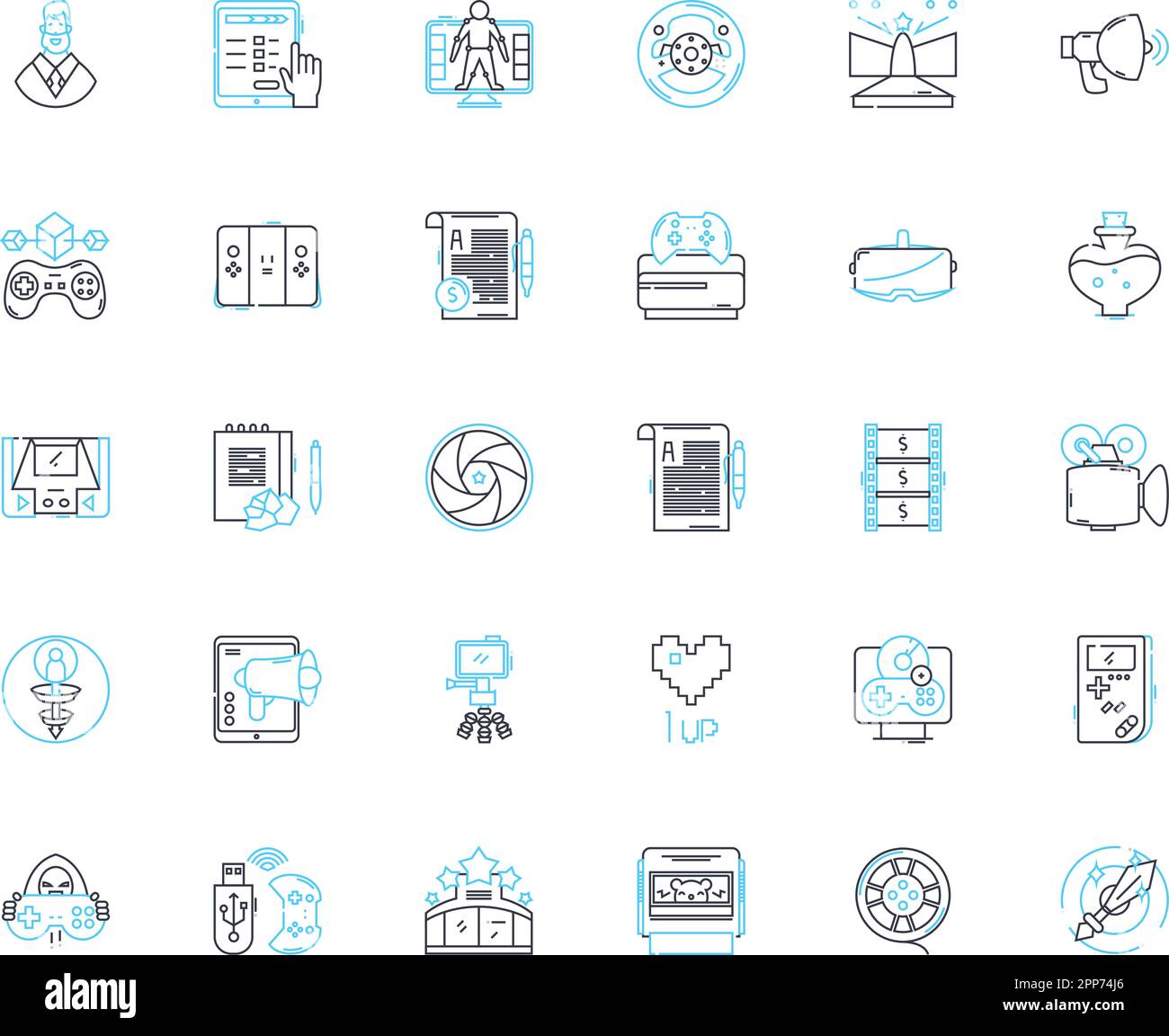 Audiovisual market linear icons set. Projection, Recording, Playback, Editing, Streaming, Production, Soundscapes line vector and concept signs Stock Vector