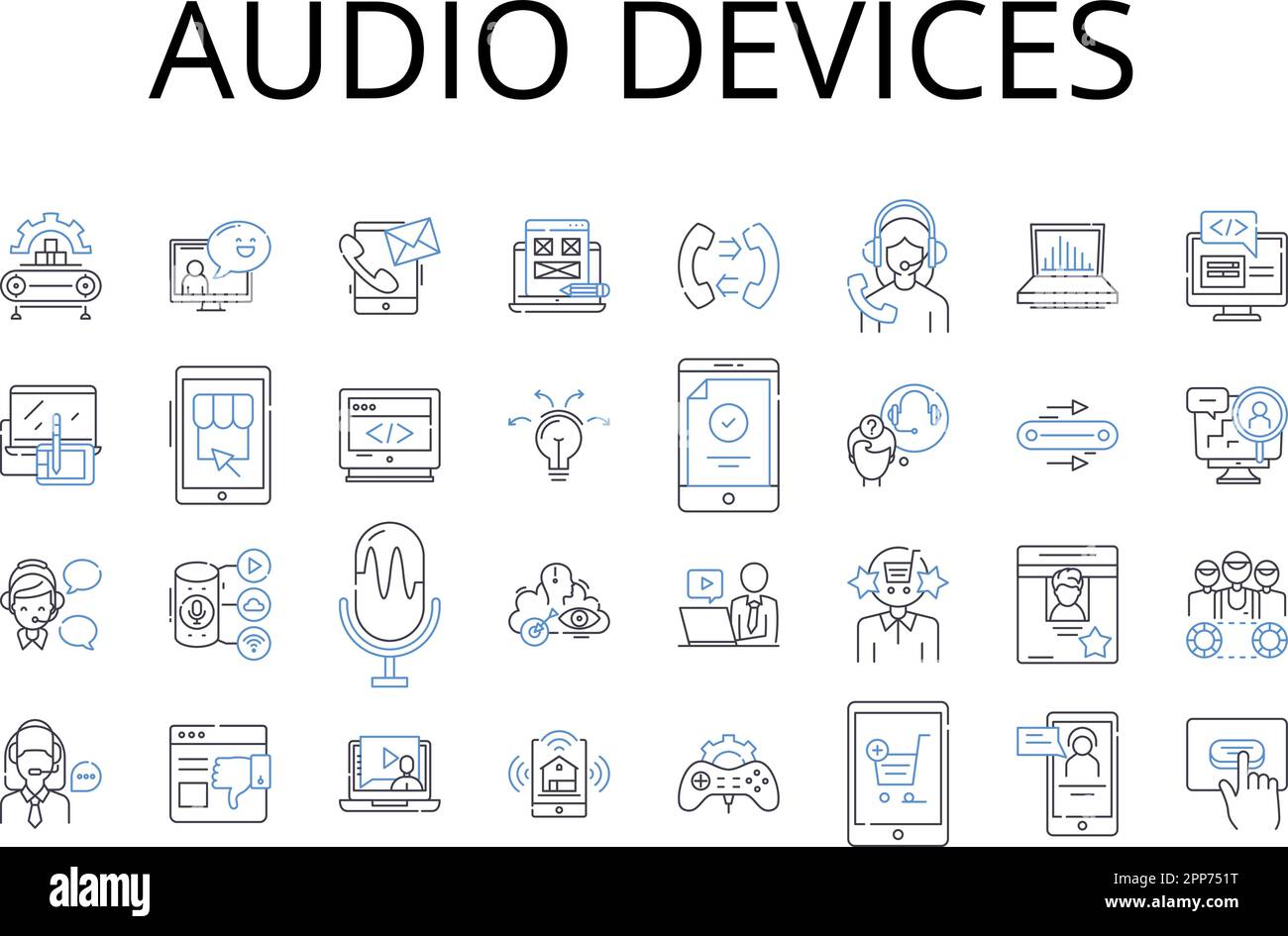 Audio devices line icons collection. Text messages, Video games, Musical instruments, Security systems, Image editing, Social media, Mobile devices Stock Vector