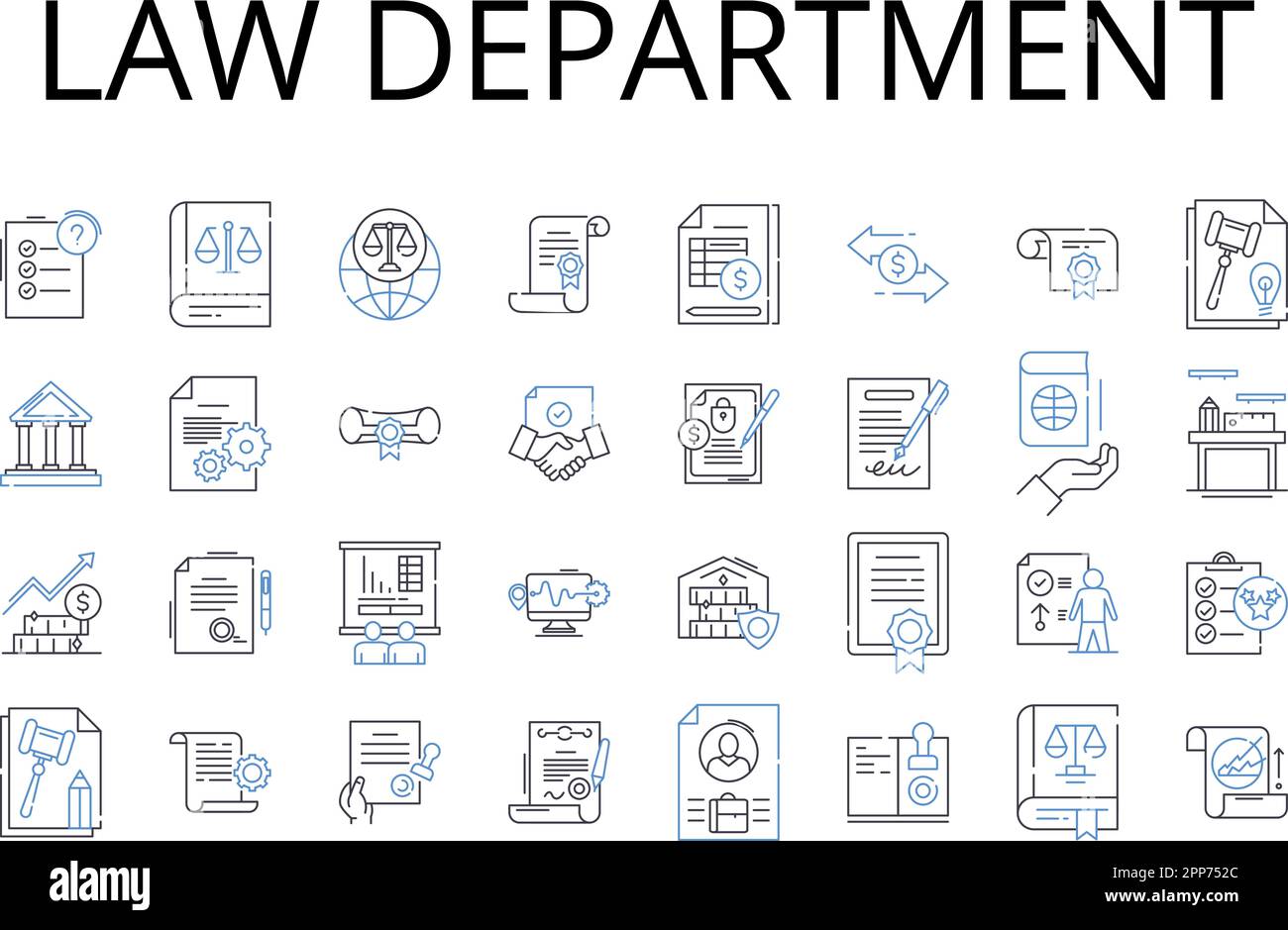Law department line icons collection. Training center, Research wing, Health clinic, Secretariat office, Marketing team, Sales division, Human Stock Vector