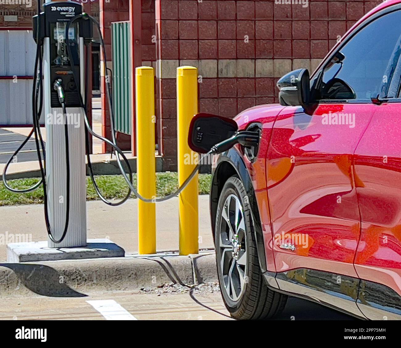 EMPORIA, KANSAS APRIL 21, 2023 A brand new red Ford Mustang EV is