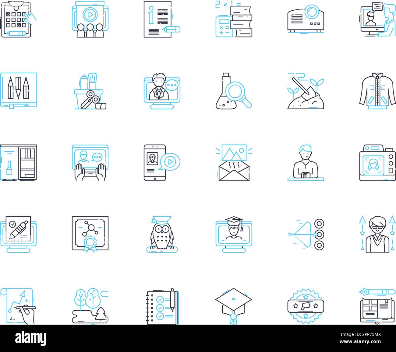 Advanced learning linear icons set. Mastery, Expertise, Adeptness, Proficiency, Sophistication, Comprehension, Fluency line vector and concept signs Stock Vector