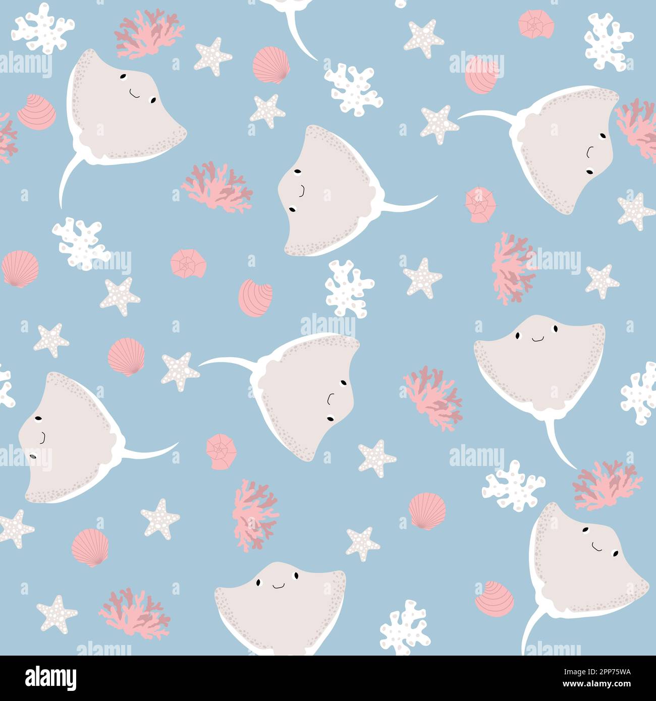 Vector seamless pattern with devilfish, starfish, algae.Underwater cartoon creatures.Marine background.Cute ocean pattern for fabric, childrens Stock Vector
