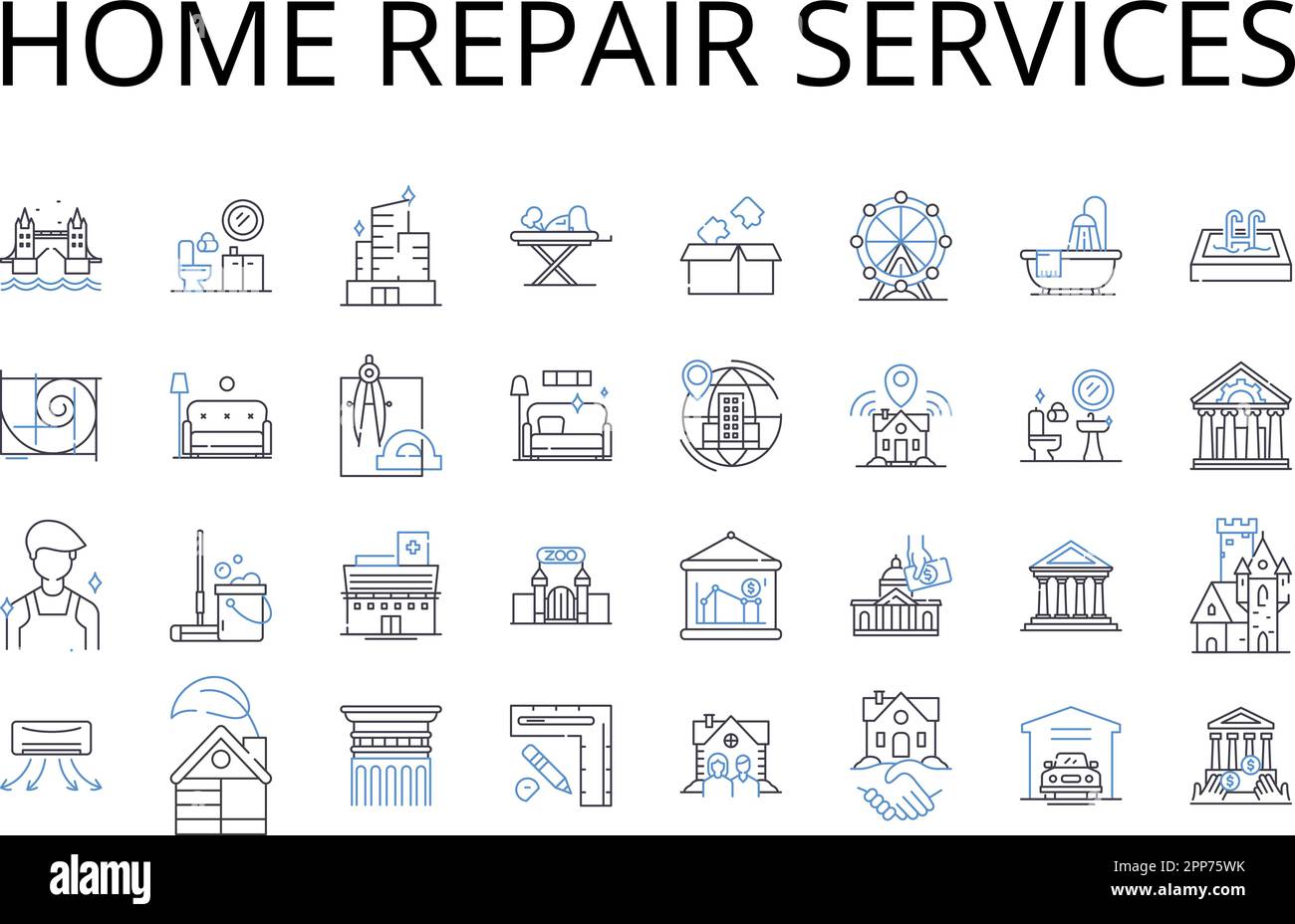 Home repair services line icons collection. Handyman services, Household maintenance, Property repair, Fixing up, Property restoration, Renovation Stock Vector