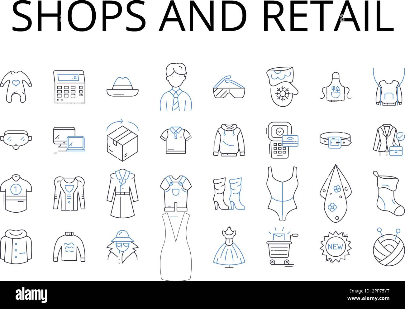Shops and retail line icons collection. Boutiques, Stores, Markets, Outlets, Supermarkets, Malls, Department stores vector and linear illustration Stock Vector