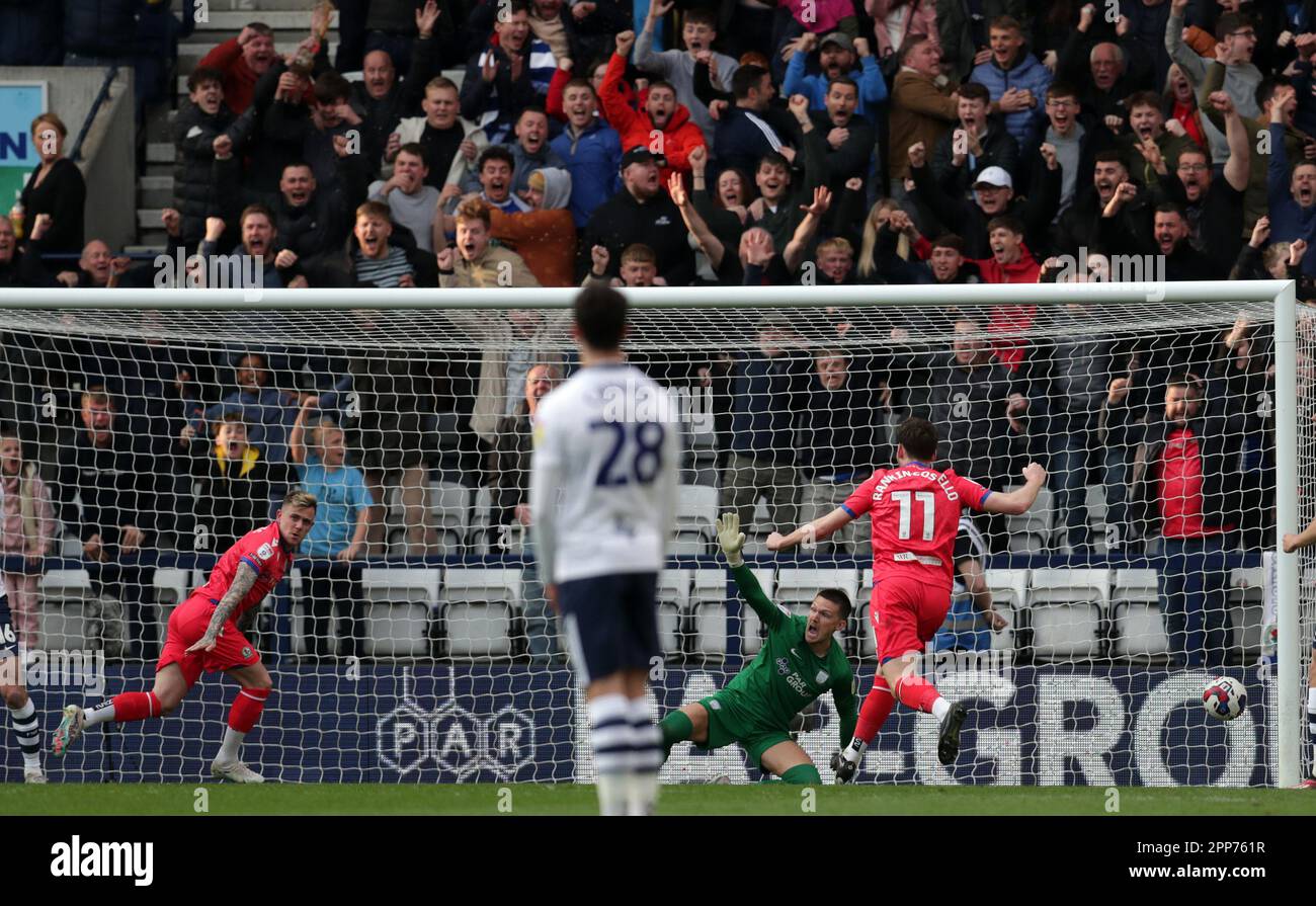 Deepdale, Preston, UK. 22nd Apr, 2023. Championship Football, Preston North End versus Blackburn Rovers; Preston North End goalkeeper Freddie Woodman successfully appeals for handball after Sammie Szmodics of Blackburn Rovers puts the ball into the net with his hand Credit: Action Plus Sports/Alamy Live News Stock Photo