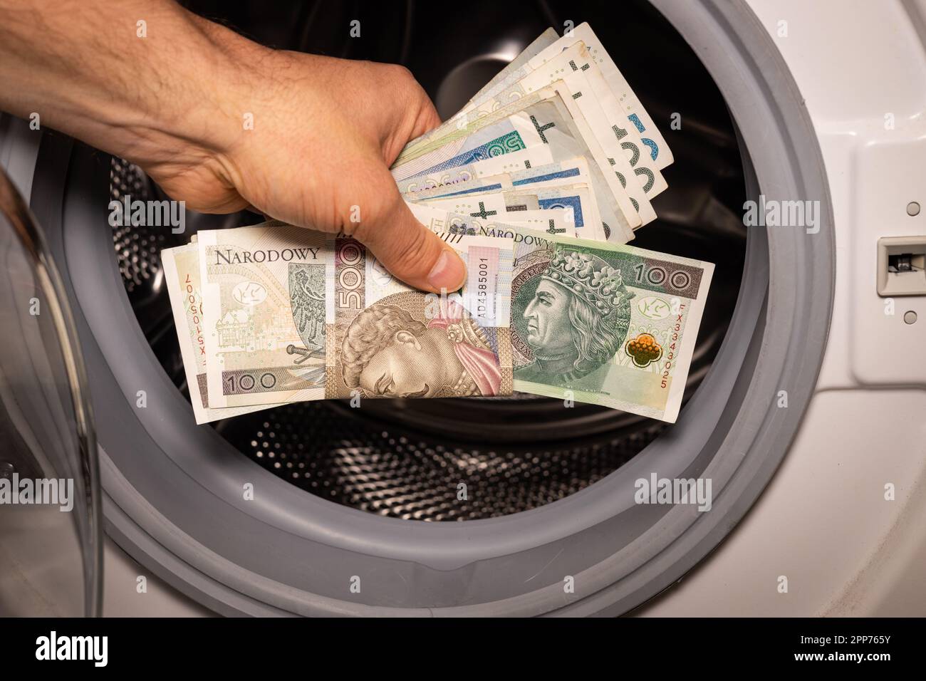 Polish money thrown into the washing machine, Concept, Money laundering