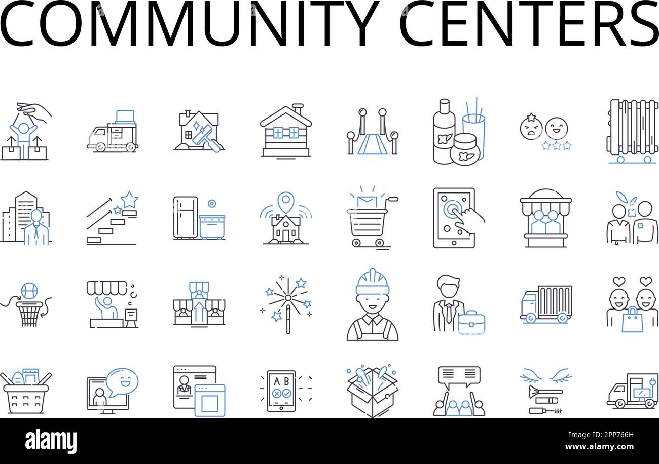 Community centers line icons collection. Learning institutions, Cultural hubs, Social spaces, Recreational centers, Civic organizations, Activity hubs Stock Vector