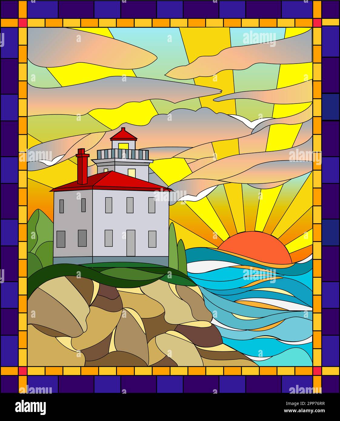 Red lighthouse stained glass window.Illustration in stained glass style