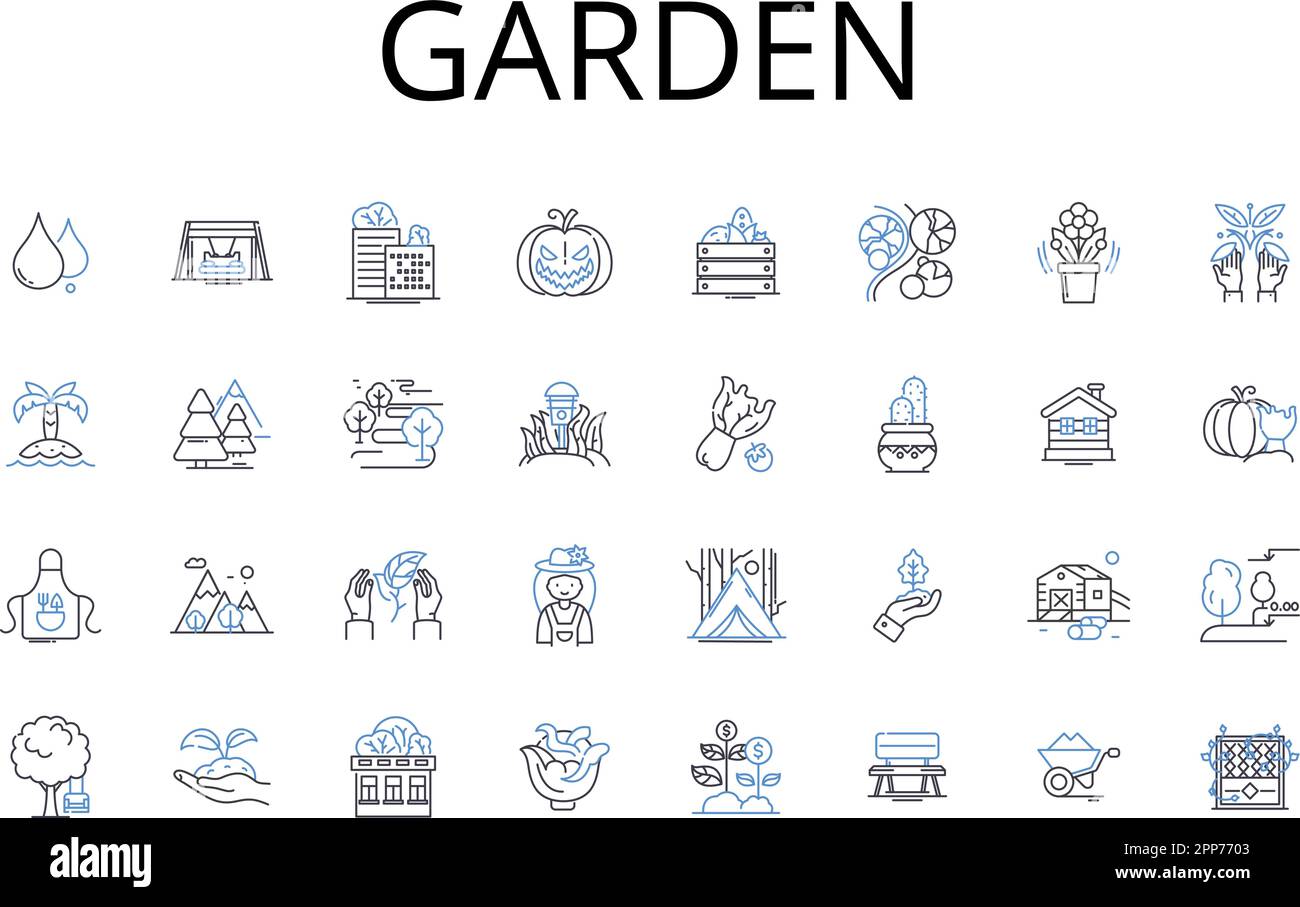 Garden line icons collection. Park, Lawn, Farm, Meadow, Orchard, Field, Botanical garden vector and linear illustration. Courtyard,Landscape,Green Stock Vector