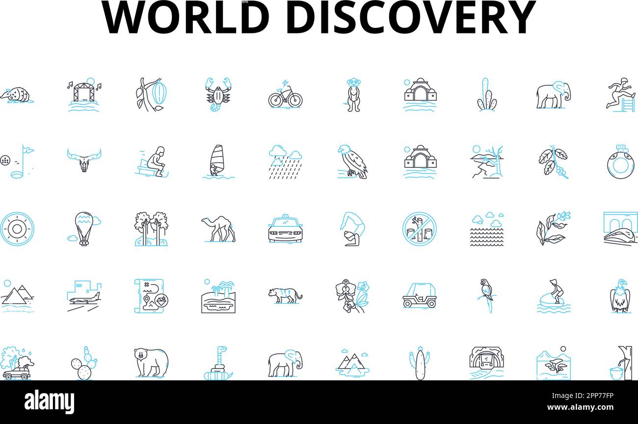 world discovery linear icons set. Exploration, Geology, Biodiversity, Anthropology, Archaeology, History, Ecology vector symbols and line concept Stock Vector