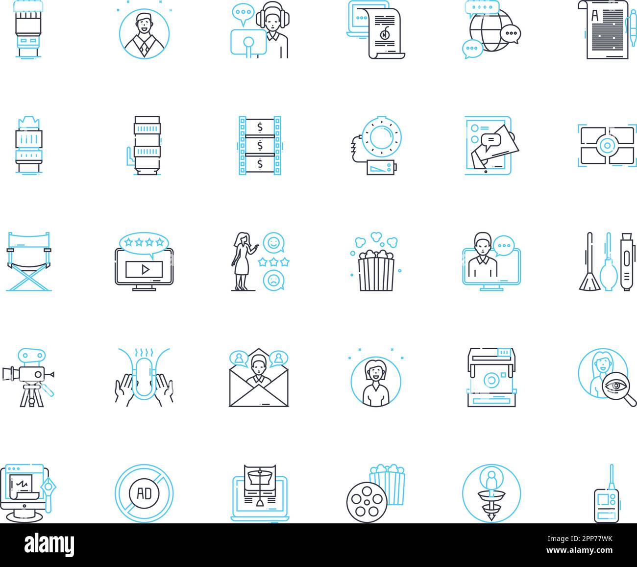 Movie theater linear icons set. Concession, Projection, Premiere, Matinee, Ticket, Screening, Atmosphere line vector and concept signs. Soundtrack Stock Vector