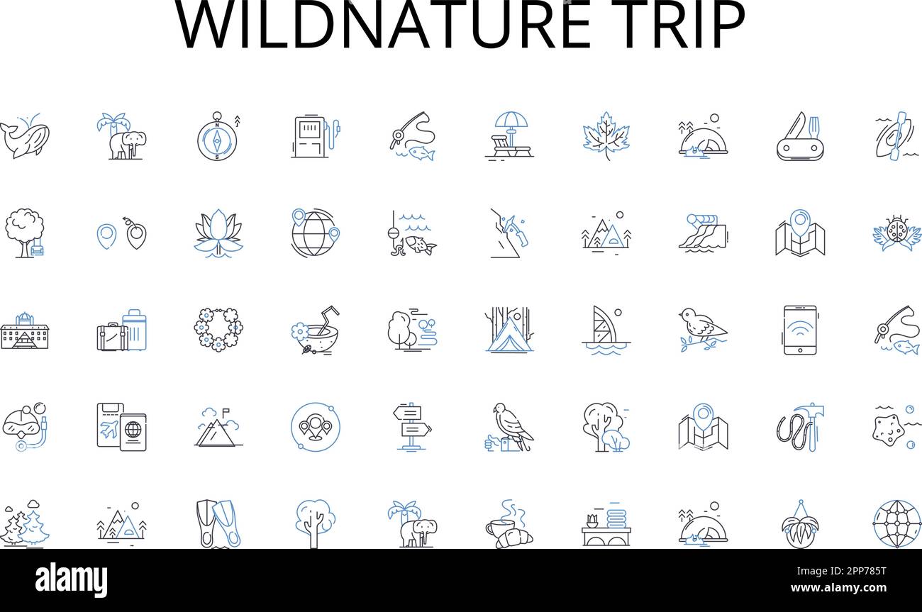 Wildnature trip line icons collection. Sun, Sand, Ocean, Waves, Relaxation, Paradise, Seashells vector and linear illustration. Palm trees,Tides,Swim Stock Vector