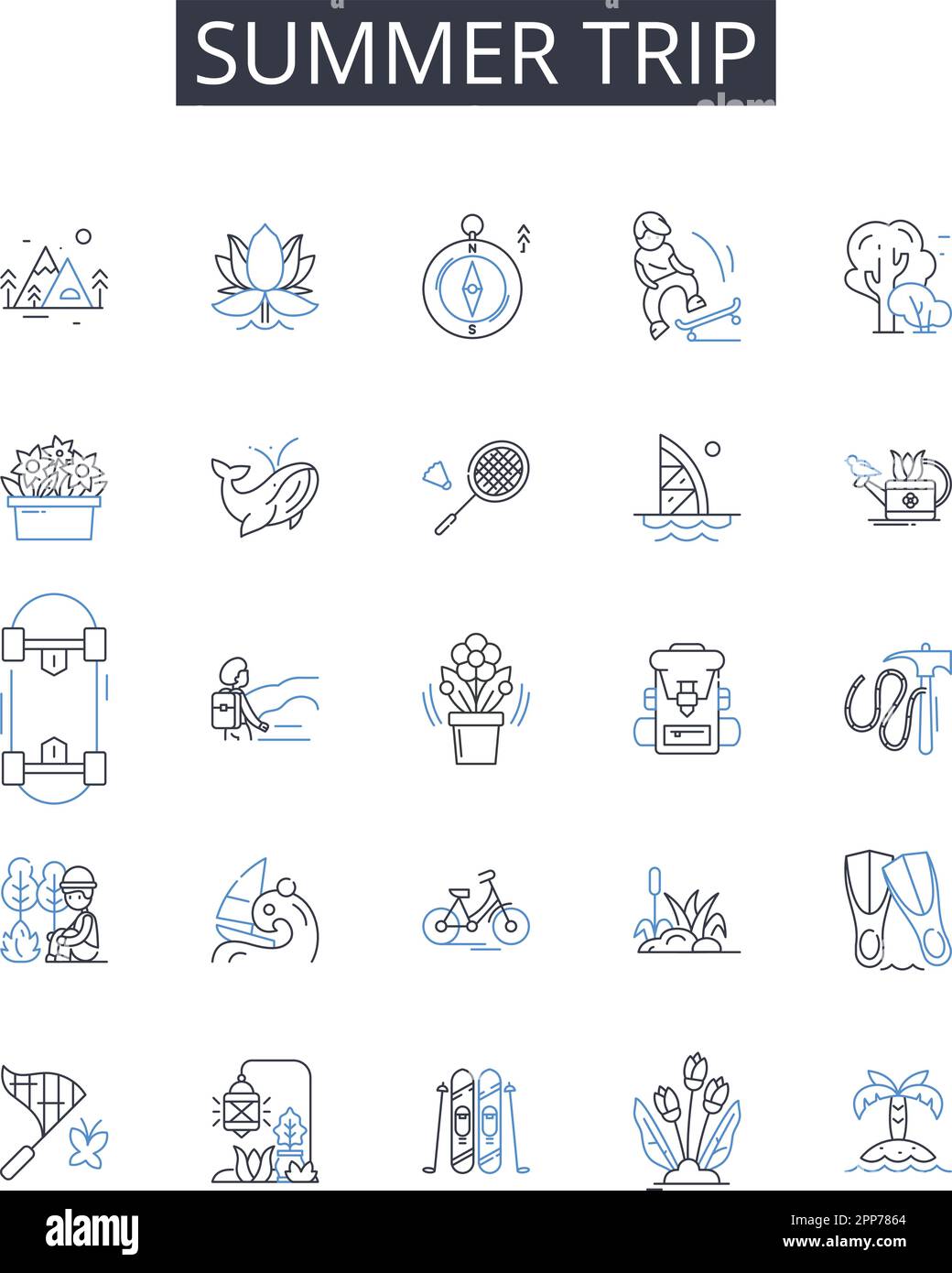 Summer trip line icons collection. Beach getaway, Road journey ...