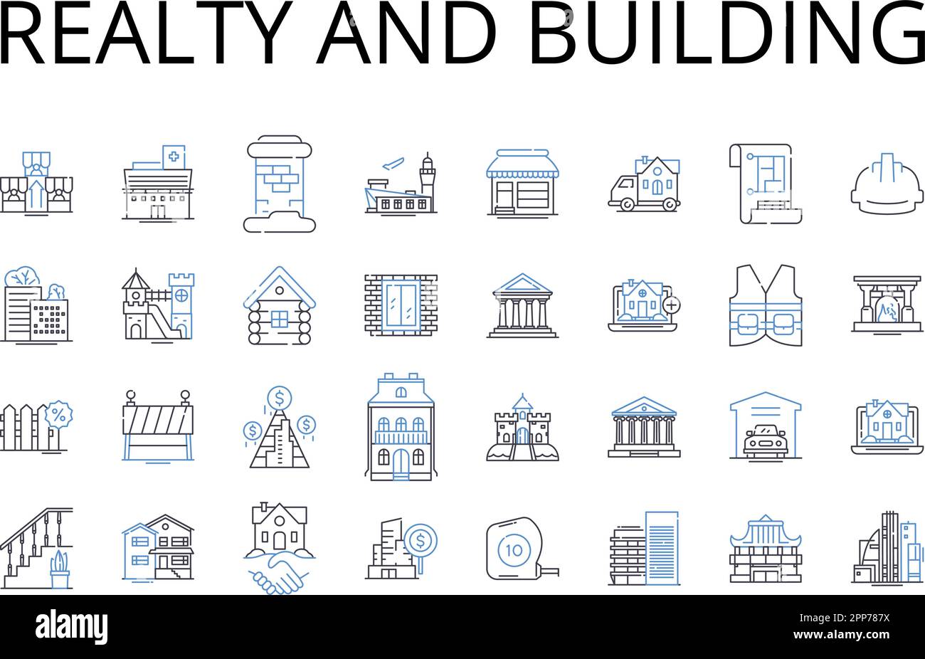 Realty and building line icons collection. Property and estate, Home and shelter, Dwelling and habitation, Residence and domicile, House and abode Stock Vector