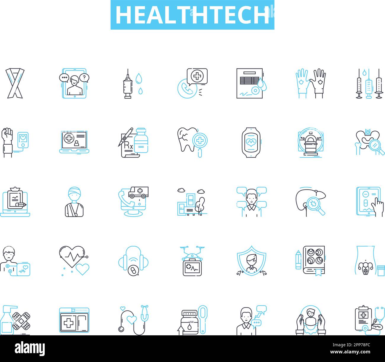 HealthTech linear icons set. Telemedicine, Wearables, EHR, AI, Virtual reality, Robotics, Nanotechnology line vector and concept signs. Genetics Stock Vector