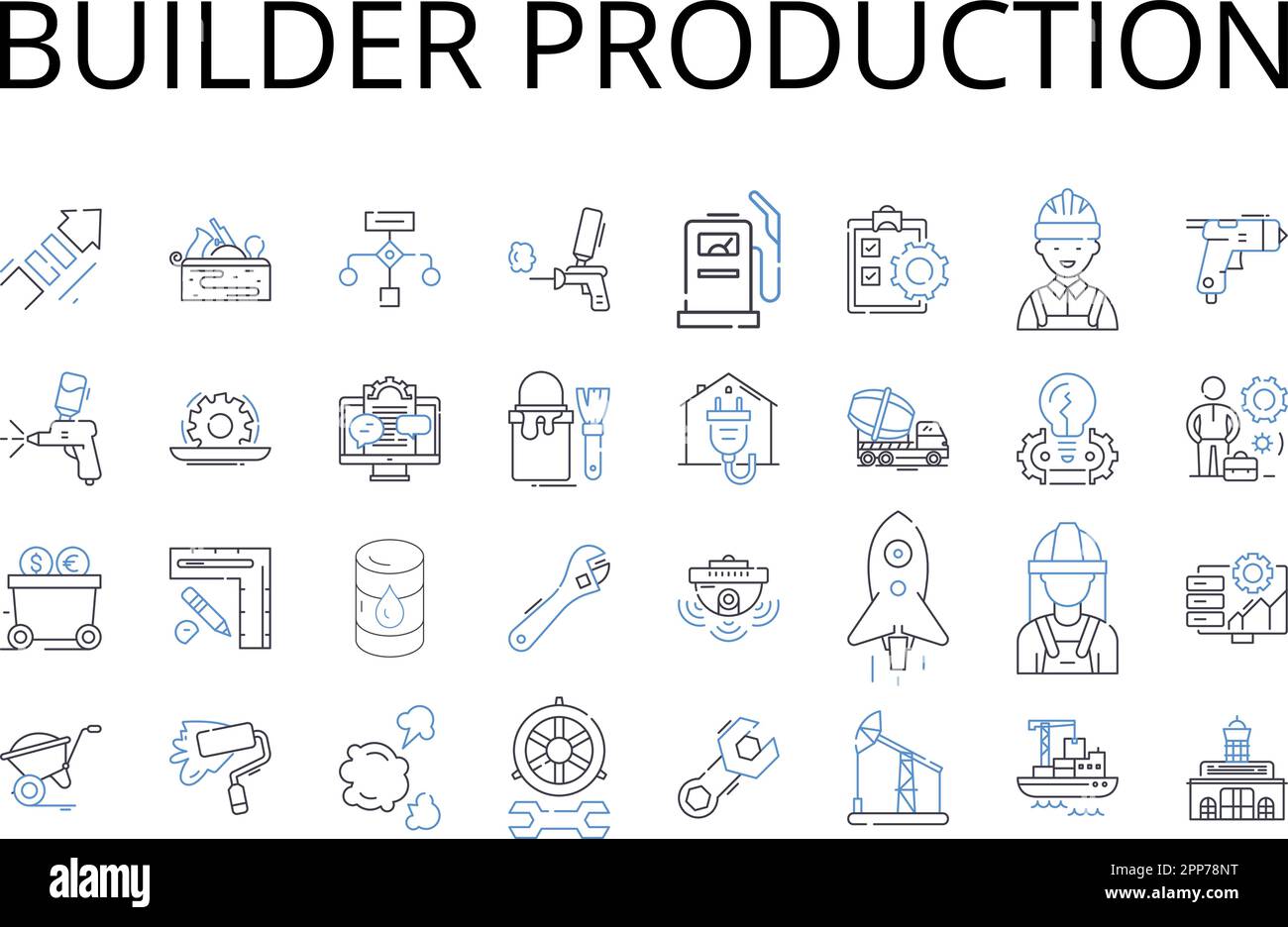 Builder production line icons collection. Manufacturer, Fabricator, Creator, Designer, Maker, Craftsman, Artisan vector and linear illustration Stock Vector