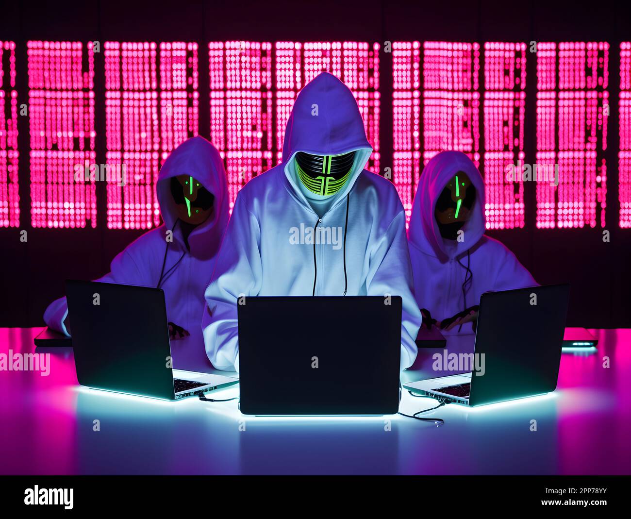 Modernized Hackers wearing hoodies. Concept of hacker group