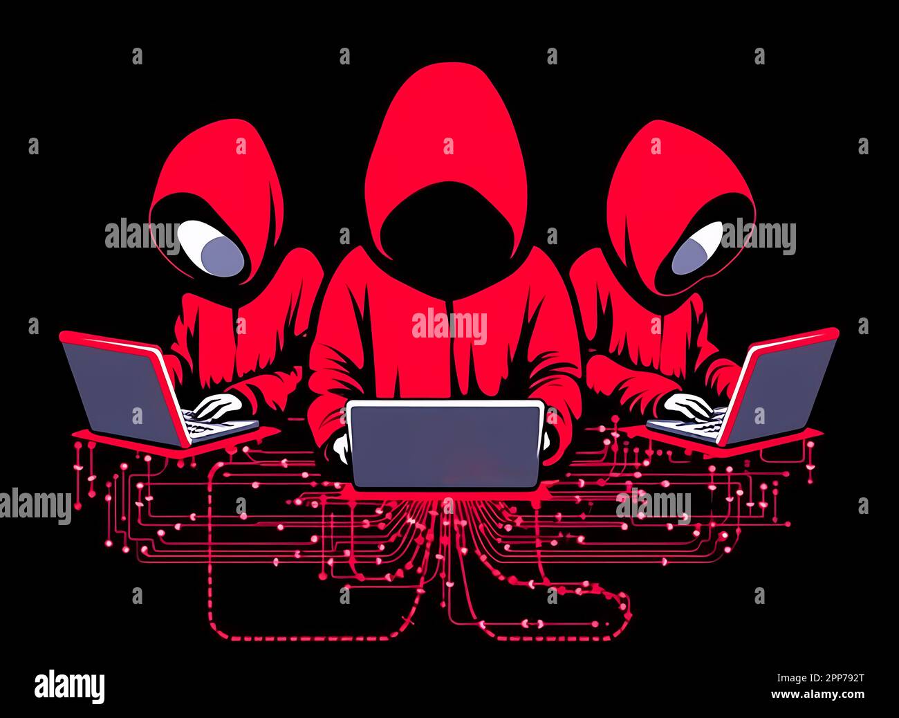 Three hackers without face wearing red hoodies. Concept of red hat