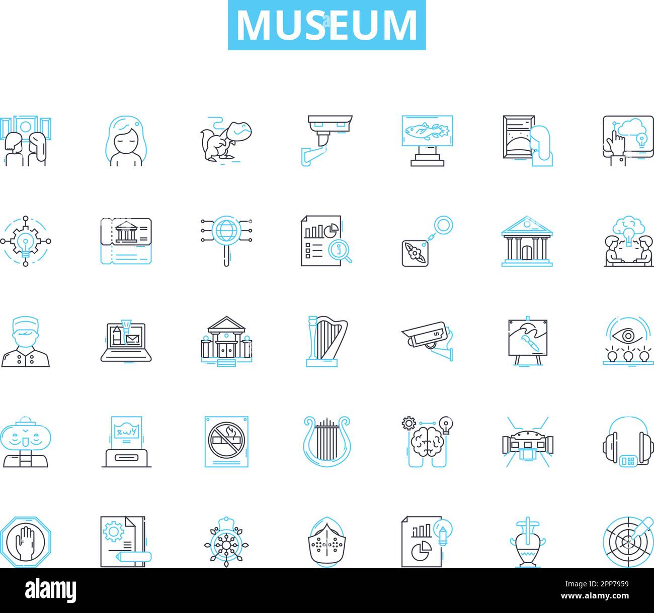 Museum linear icons set. Artifacts, Exhibits, Gallery, Archaeology, History, Memorabilia, Sculpture line vector and concept signs. Antiquities Stock Vector