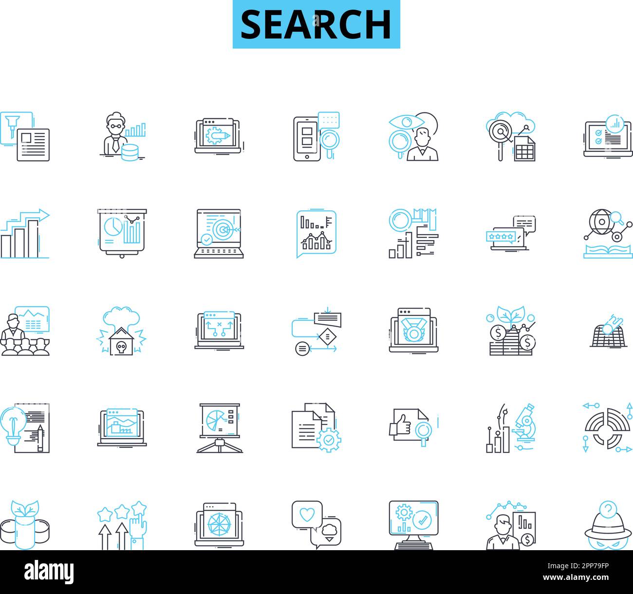 Search linear icons set. Query, Explore, Lookout, Hunt, Probe, Investigate, Scrutinize line vector and concept signs. Analyze,Dig,Browse outline Stock Vector