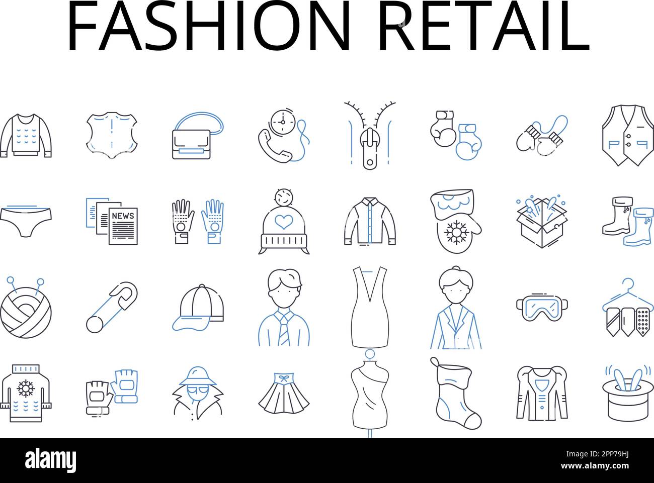 Fashion retail line icons collection. Clothing store, Apparel outlet, Style emporium, Designer boutique, Trendy market, Fashion merchant, Garment Stock Vector