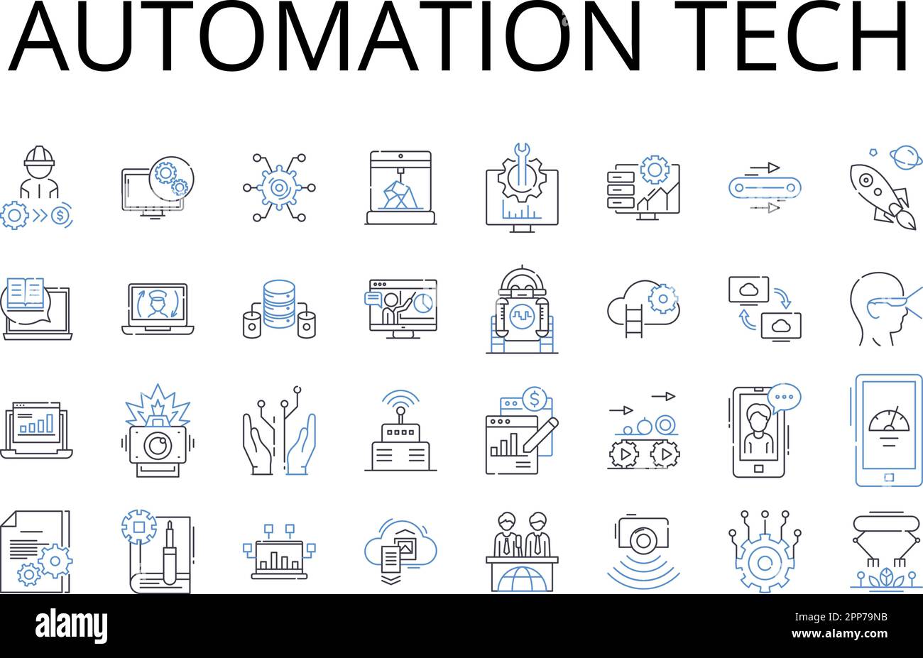 Automation tech line icons collection. Digital tools, Virtual reality, Robotics industry, Machine learning, AI software, Business efficiency, Smart Stock Vector