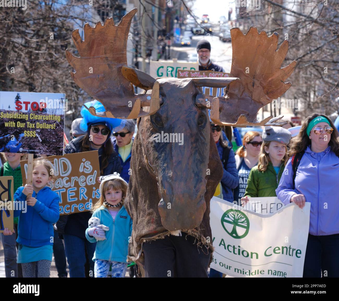 Halifax, Canada. April 22, 2023. Animal puppets part of Hundreds that walked along the harbour in the annual Earth Day Parade in Halifax Nova Scotia. Under the theme “The People's Parade for Life on Earth '' it gathered participants demanding action to preserve our planet. Credit: meanderingemu/Alamy Live News Stock Photo