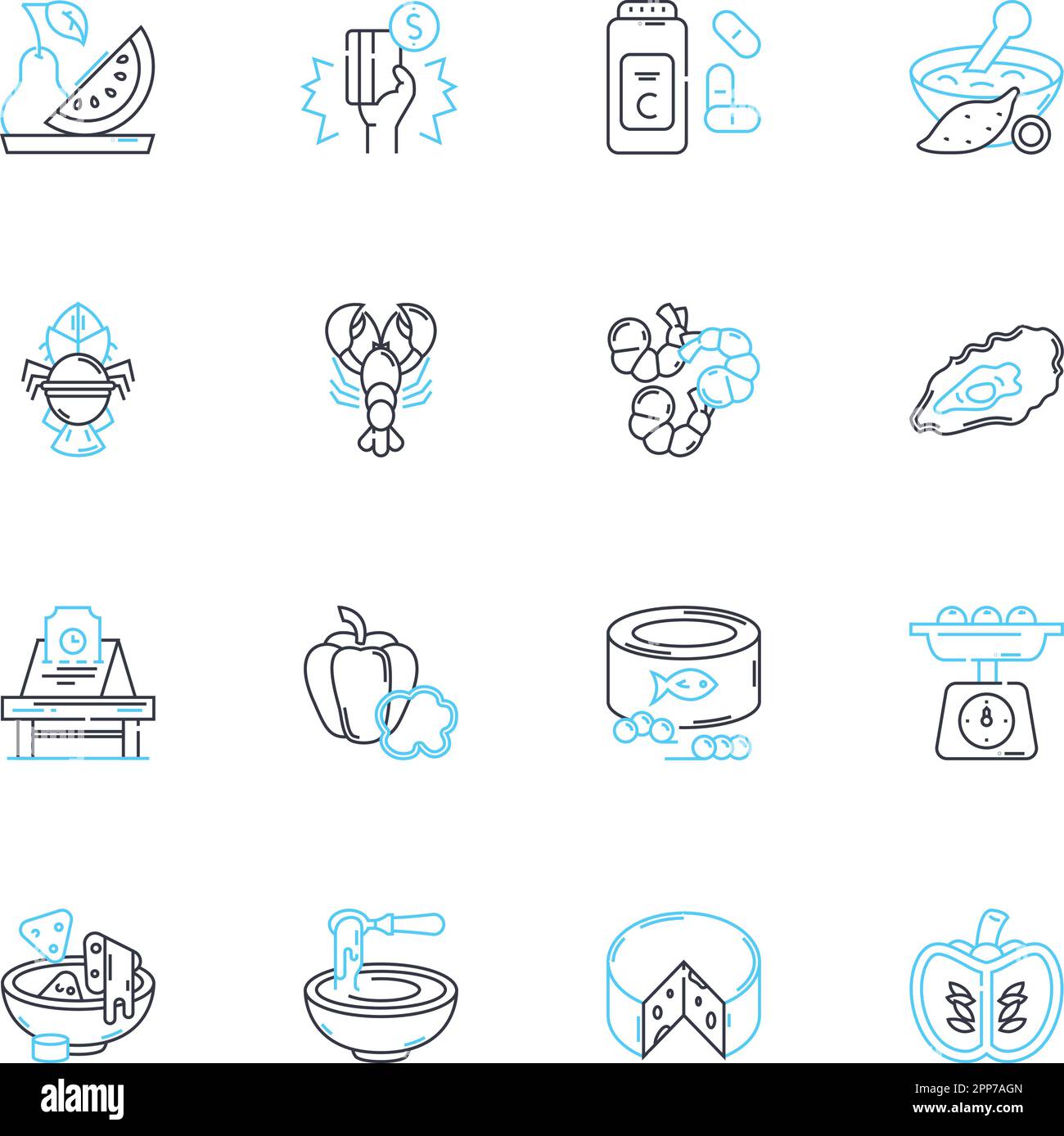 Clam house linear icons set. Shellfish, Chowder, Mussels, Steamers, Lobster, Oysters, Seafood line vector and concept signs. Butter,Shrimp,Octopus Stock Vector