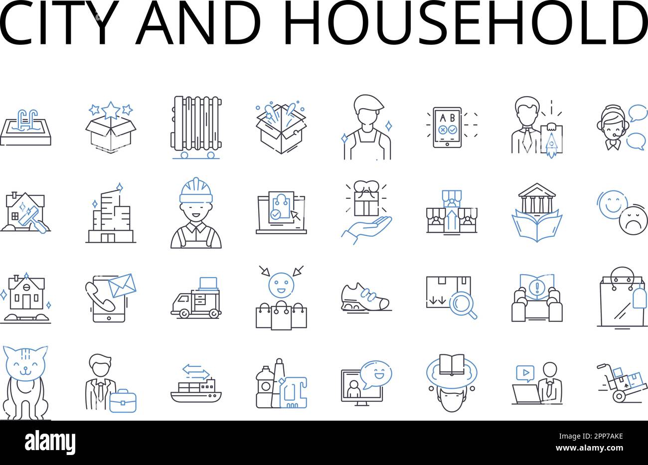 City and household line icons collection. ity, Metropolis, Urban center, Megalopolis, Municipality, Capital, Town vector and linear illustration Stock Vector