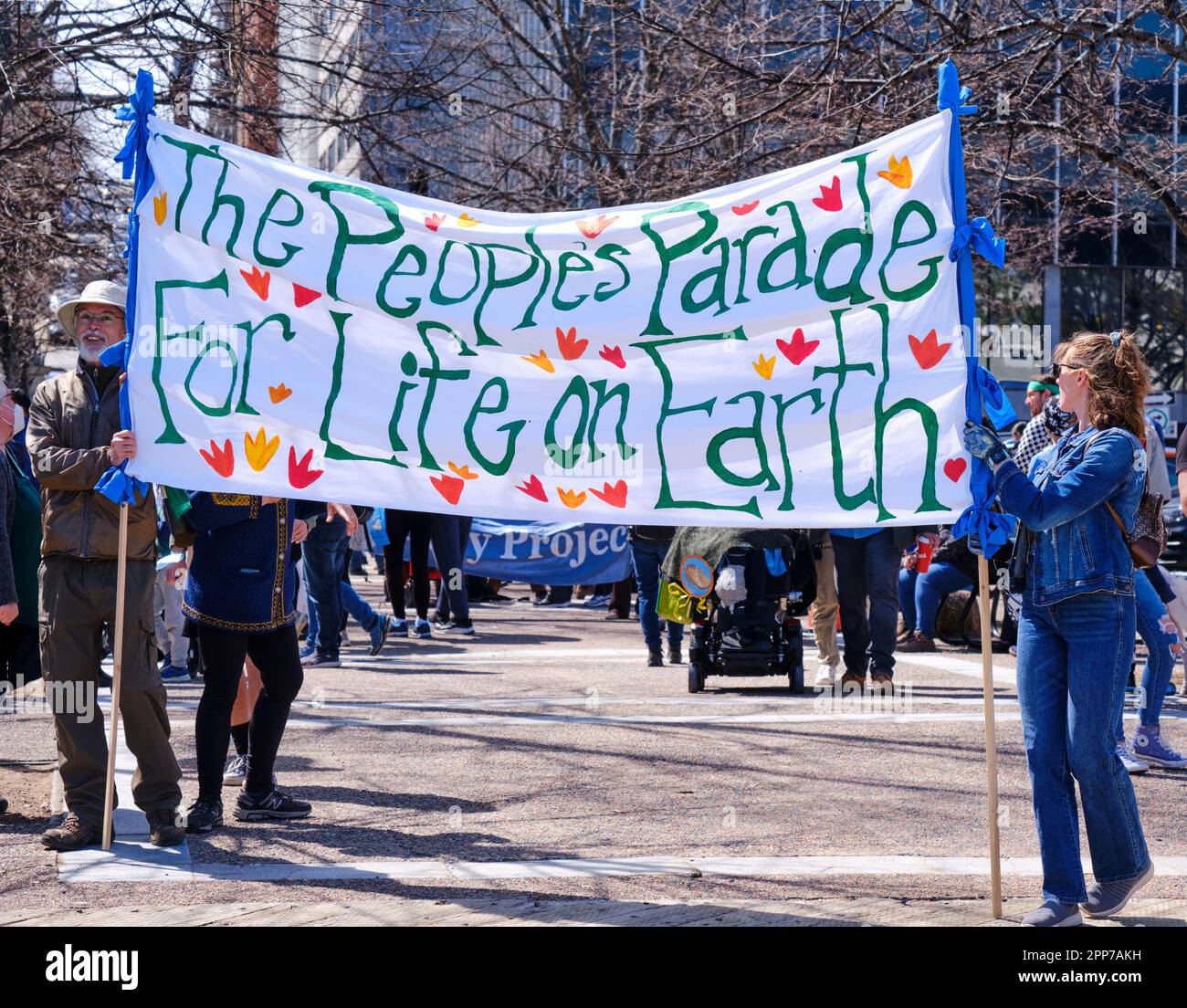 Halifax, Canada. April 22, 2023. Hundreds walked along the harbour in the annual Earth Day Parade in Halifax Nova Scotia. Under the theme “The People's Parade for Life on Earth '' it gathered participants demanding action to preserve our planet. Credit: meanderingemu/Alamy Live News Stock Photo