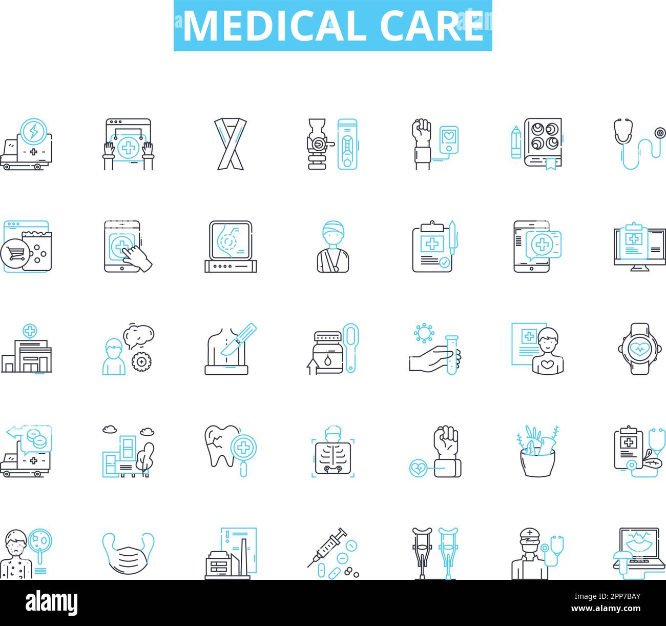 Medical care linear icons set. Diagnosis, Treatment, Prescription