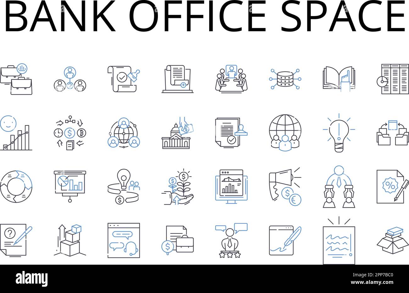Bank office space line icons collection. Financial institution premises, Banking establishment area, Cash handling office, My management space Stock Vector