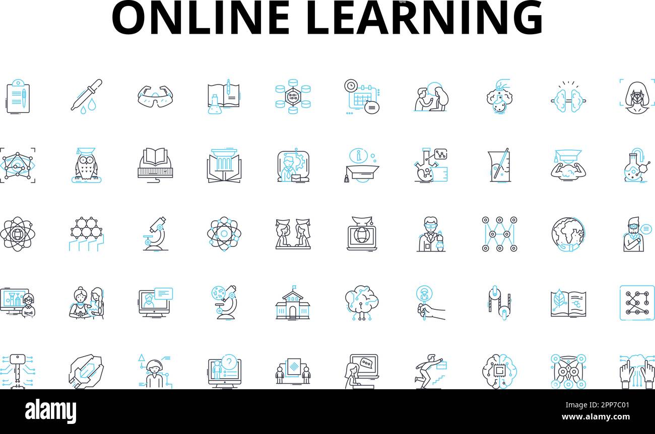 Online learning linear icons set. E-learning, Distance learning, Cyberlearning, Virtual learning, Web-based learning, Remote learning, Online Stock Vector