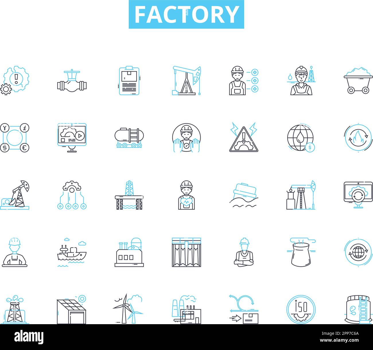 Factory linear icons set. Production, Machinery, Industrial, Manufacturing, Assembly, Workshop, Automation line vector and concept signs Stock Vector