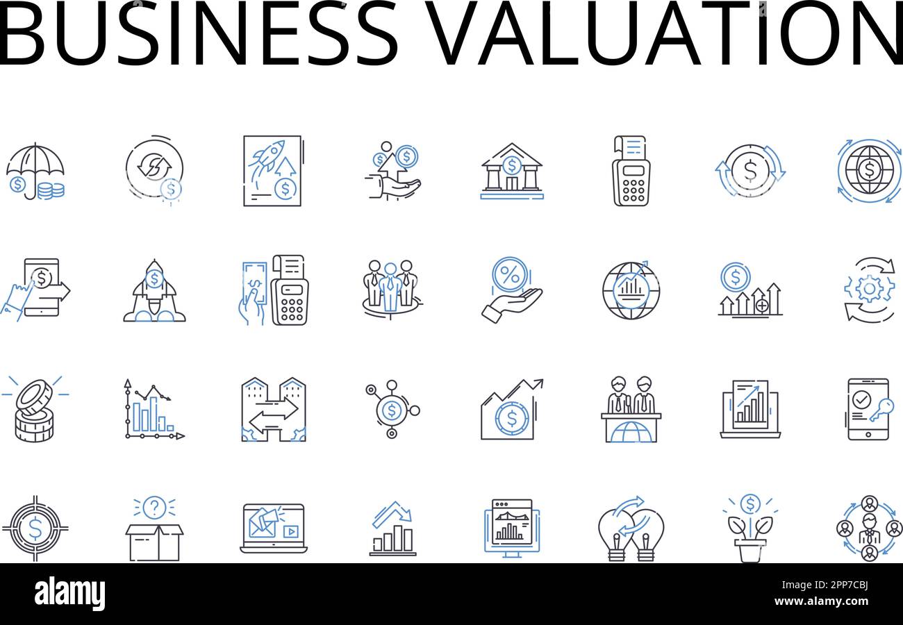 Business valuation line icons collection. Asset appraisal, Property assessment, Company worth, Equity evaluation, Investment scrutiny, Market rating Stock Vector