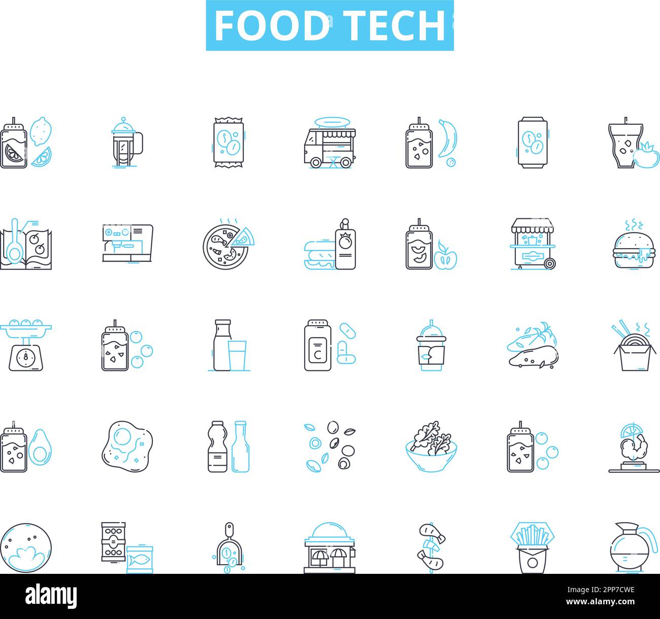 Food tech linear icons set. Automation, Biodegradable, Biosensors, Blockchain, Co-packaging, Cultured, Delivery line vector and concept signs Stock Vector