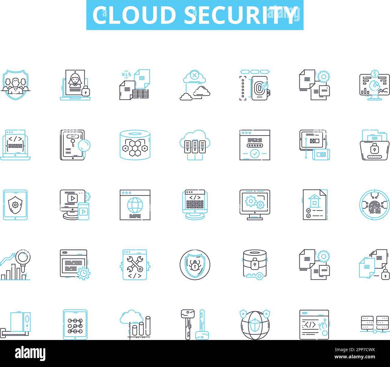 Cloud security linear icons set. Encryption, Compliance, Authentication, Cybersecurity, Firewall, Vulnerability, Audit line vector and concept signs Stock Vector