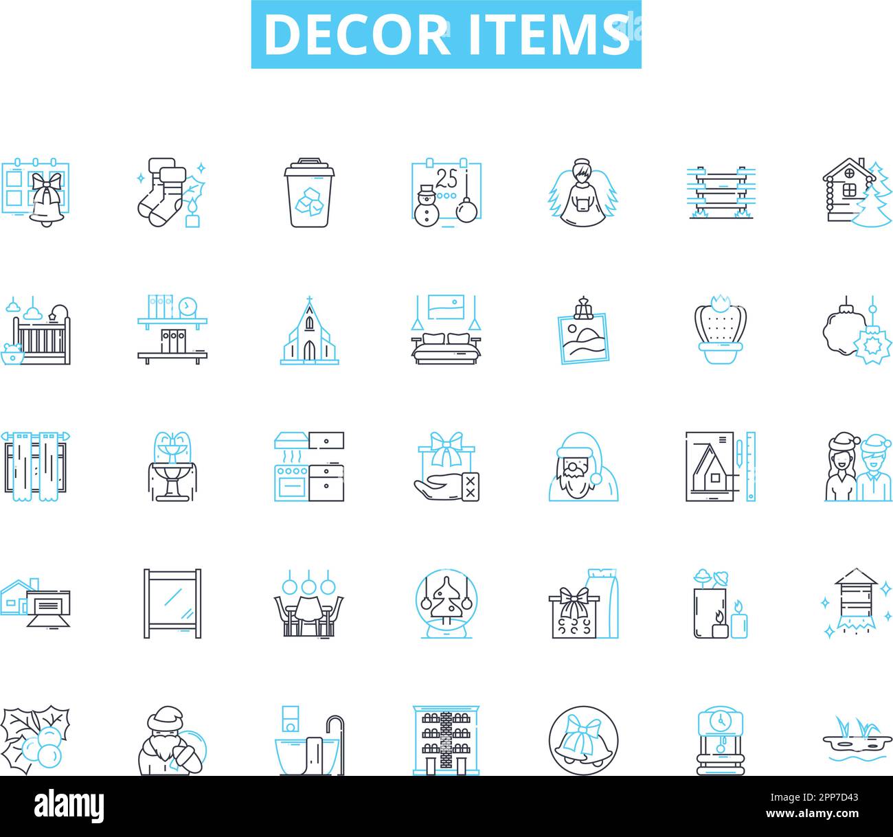 Decor items linear icons set. Vase, Pillow, Lamp, Rug, Tablecloth, Shelves, Arrk line vector and concept signs. Pottery,Clock,Curtain outline Stock Vector