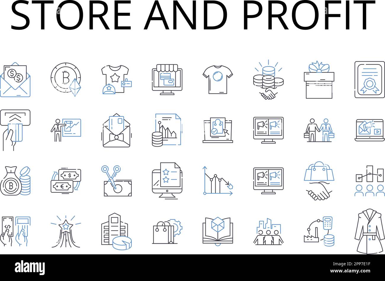 Store and profit line icons collection. Invest and gain, Trade and earnings, Buy and benefit, Acquire and returns, Hold and surplus, Amass and Stock Vector