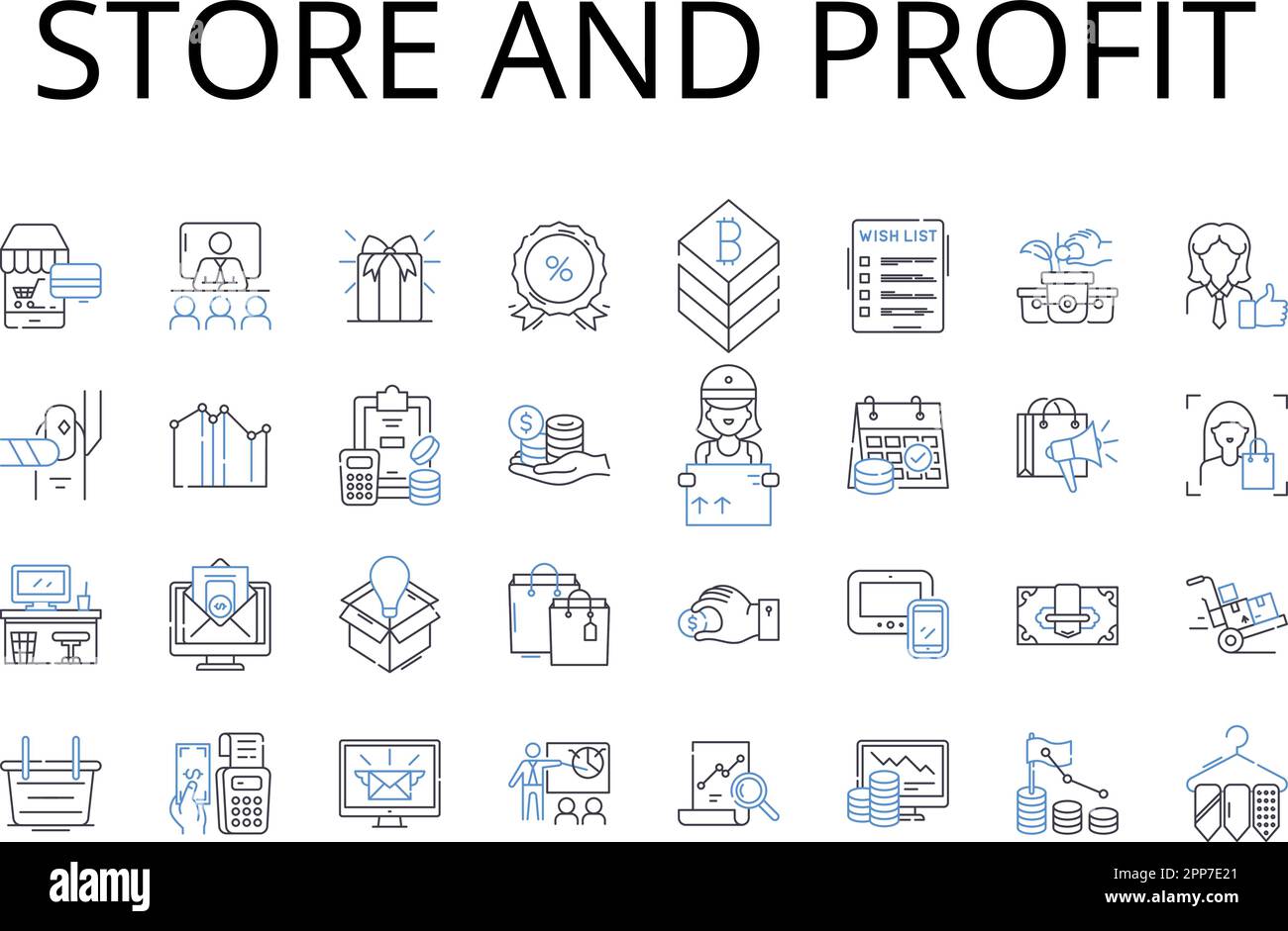 Store and profit line icons collection. Invest and gain, Trade and earnings, Buy and benefit, Acquire and returns, Hold and surplus, Amass and Stock Vector