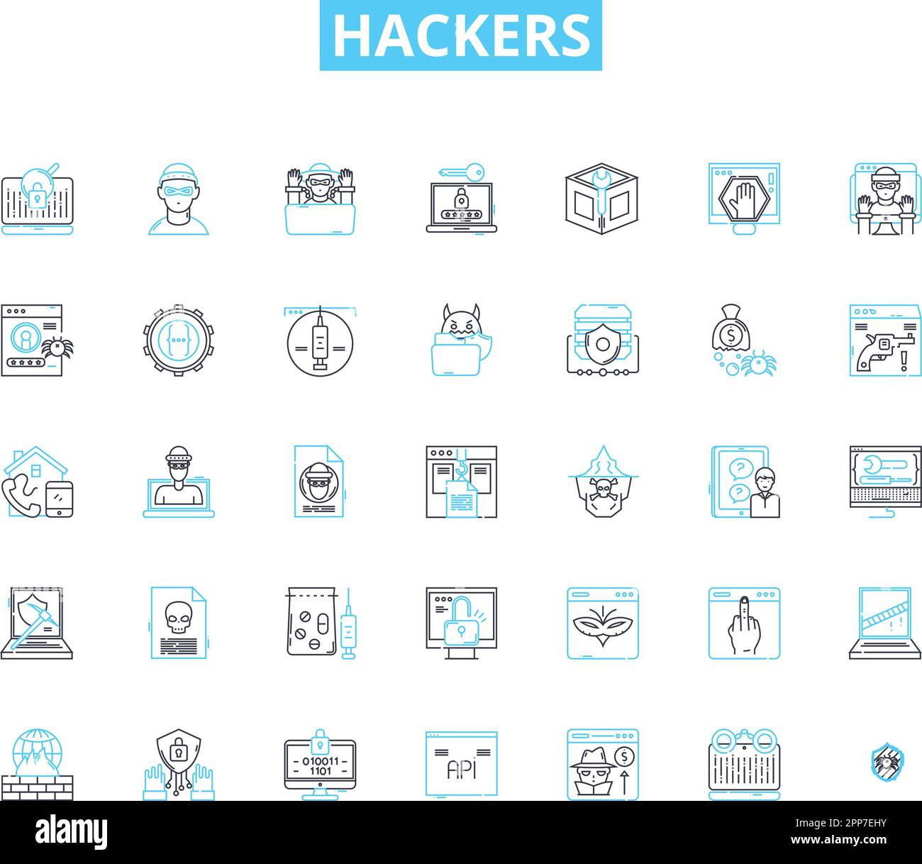 Hackers linear icons set. Cybercriminals, Intruders, Crackers, Hacktivists, Black hats, White hats, Rogue line vector and concept signs. Spies Stock Vector