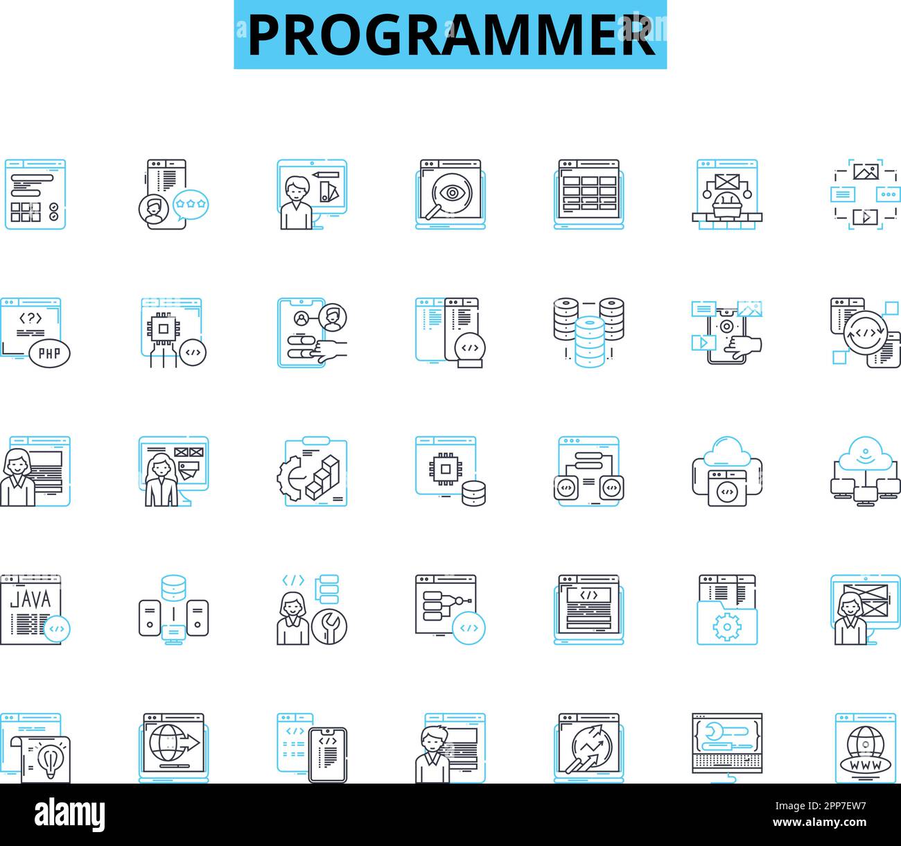 Programmer linear icons set. Coding, Debugging, Algorithms, Syntax, Variables, Loops, Logic line vector and concept signs. Functions,Programming Stock Vector