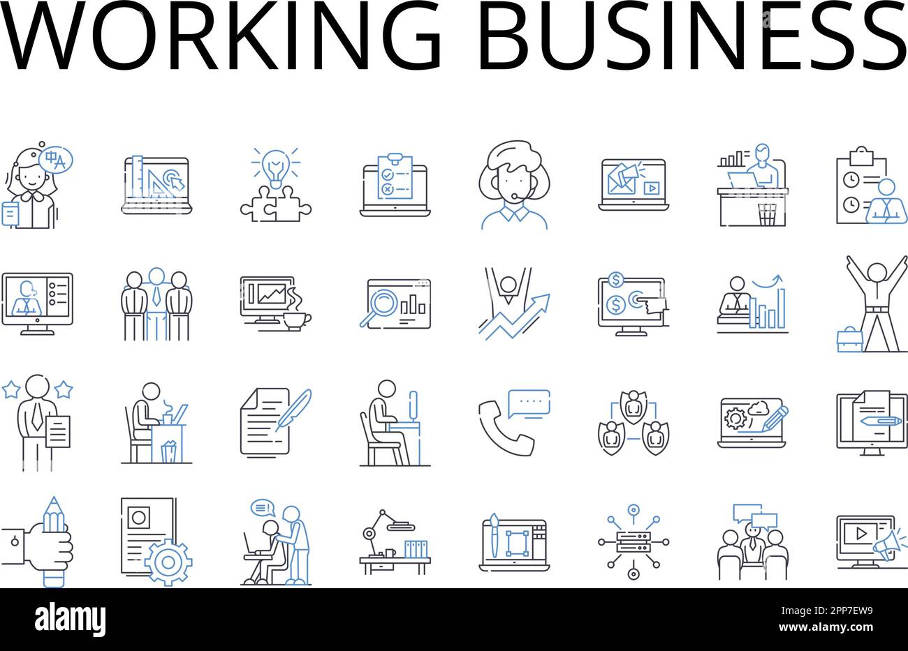 Working business line icons collection. Running company, Busy office, Operational enterprise, Functioning corporation, Productive workplace Stock Vector