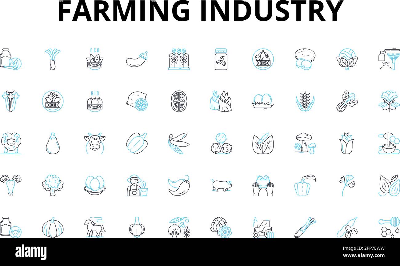 Farming industry linear icons set. Agriculture, Crops, Livestock, Harvesting, Irrigation, Fertilizers, Seeds vector symbols and line concept signs Stock Vector