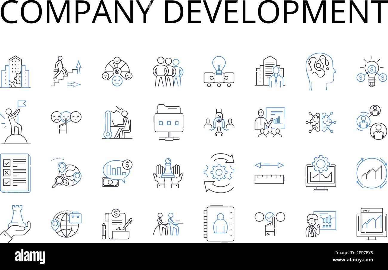 Company development line icons collection. Business growth, Corporate expansion, Enterprise advancement, Firm evolution, Commercial progress Stock Vector