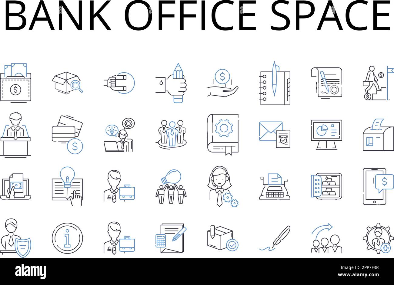 Bank office space line icons collection. Financial institution premises, Banking establishment area, Cash handling office, My management space Stock Vector