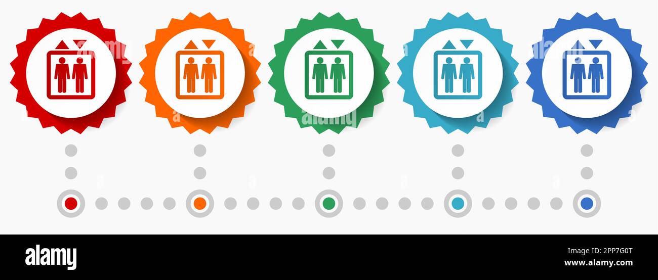 Elevator, lift vector icon set, colorful infographic template, set of flat design badge icons in 5 color options Stock Vector
