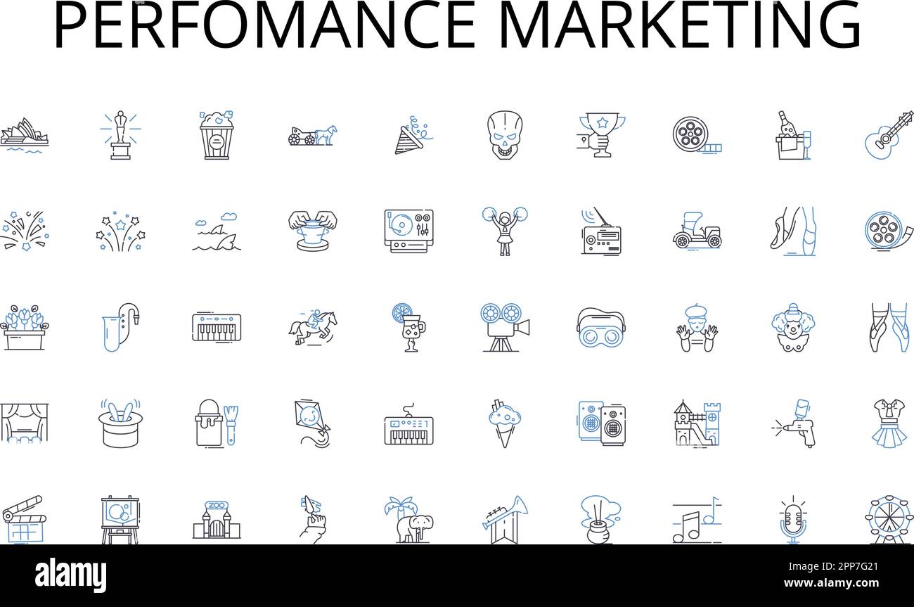 Perfomance marketing line icons collection. Cinematography, Genre, Storyline, Soundtrack, Sequel, Indie, Blockbuster vector and linear illustration Stock Vector