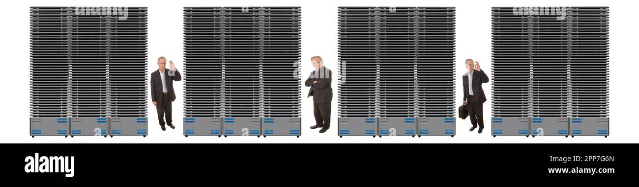 Business network of giant servers with businessman between them Stock Photo